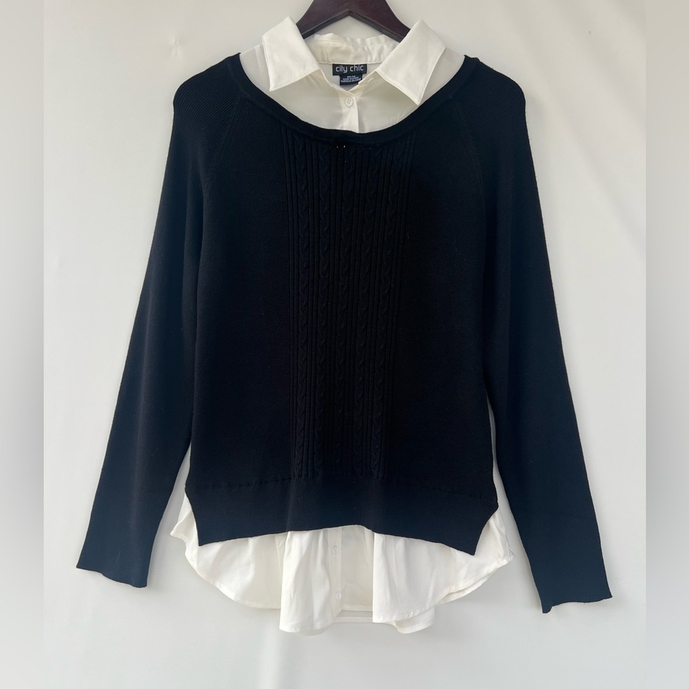 City Chic black and white two-in-one sweater and collared Top Size XS